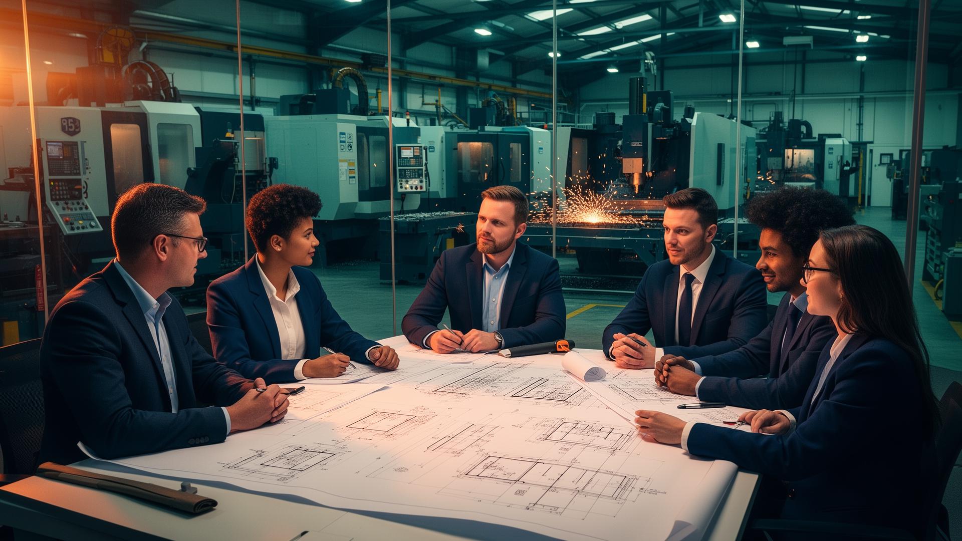 Engineering team reviewing technical drawings in a modern UK manufacturing facility