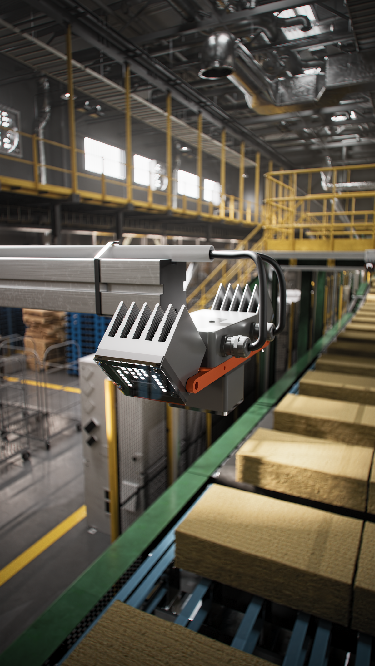Render of OCAS Track hardware installed above a production line
